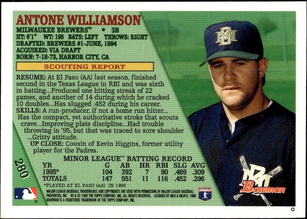 1996 Bowman Antone Williamson #280 baseball trading card back