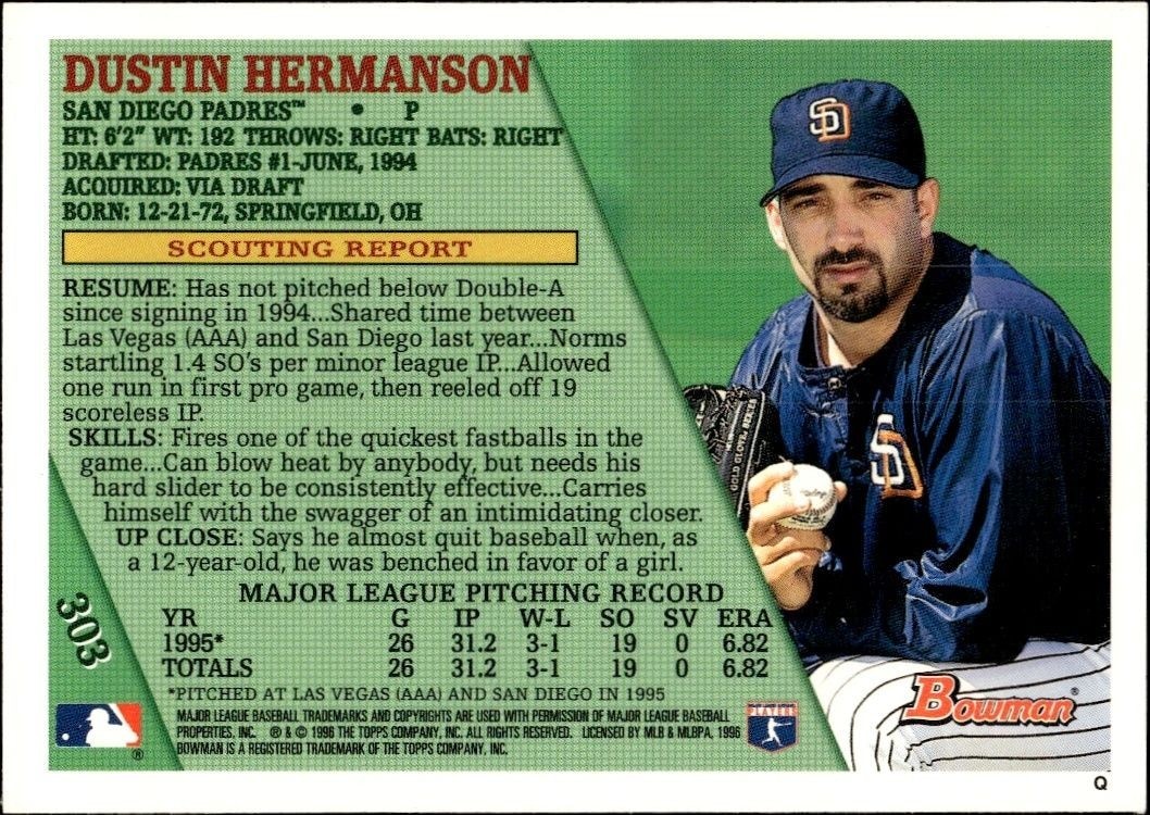 1996 Bowman Dustin Hermanson #303 baseball trading card back