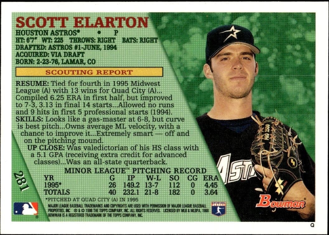 1996 Bowman Scott Elarton #281 baseball trading card back