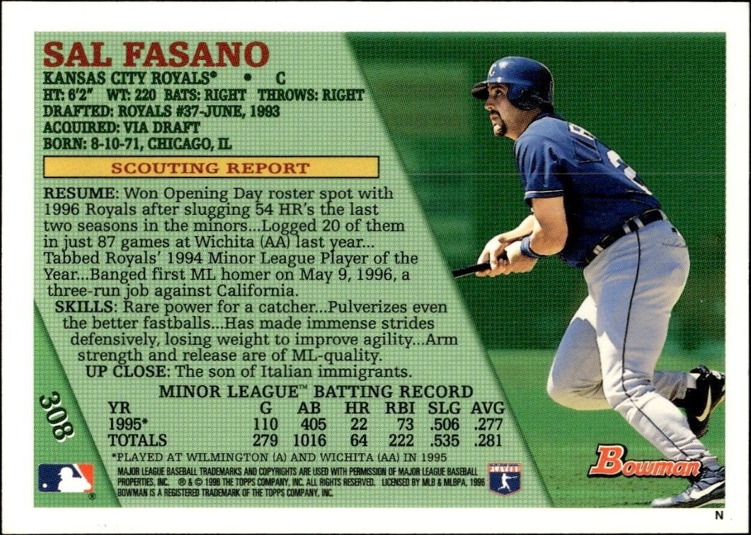 1996 Bowman Sal Fasano #308 baseball trading card back