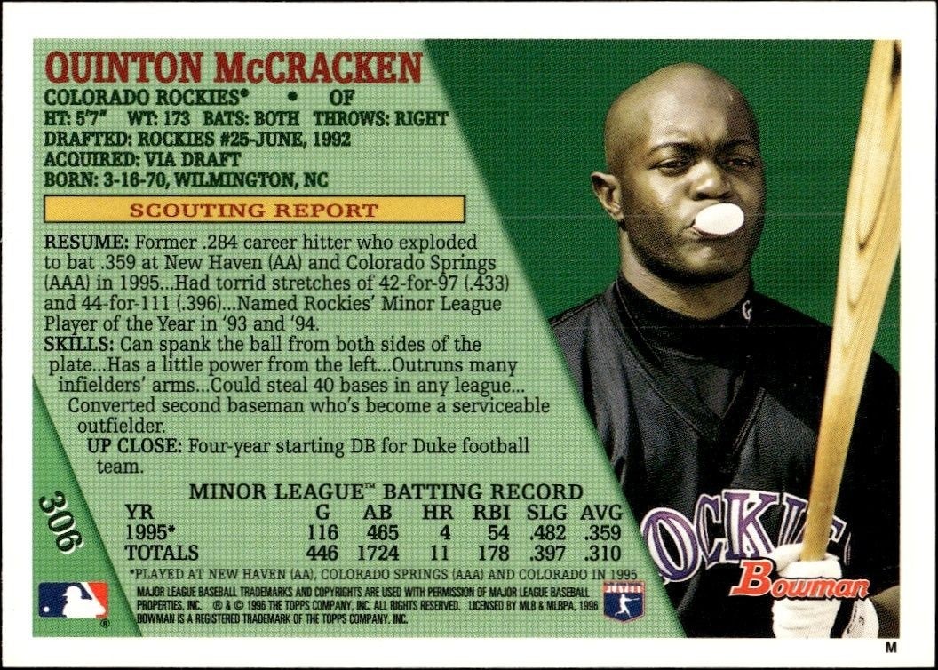1996 Bowman Quinton McCracken #306 baseball trading card back