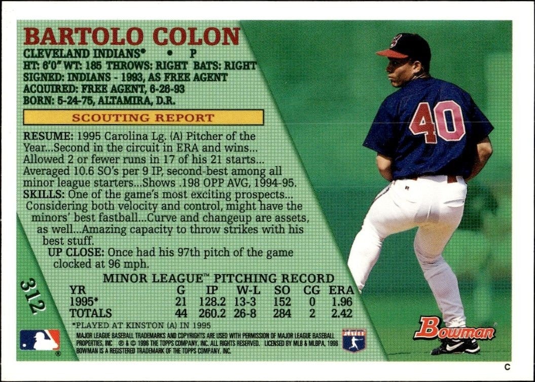 1996 Bowman Bartolo Colon #312 baseball trading card back