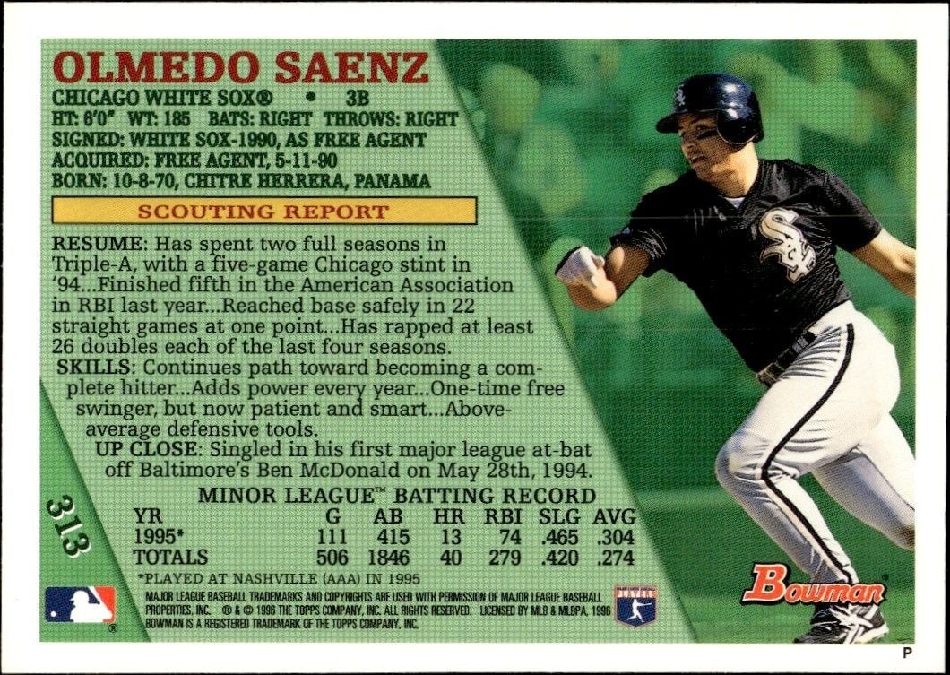 1996 Bowman Olmedo Saenz #313 baseball trading card back