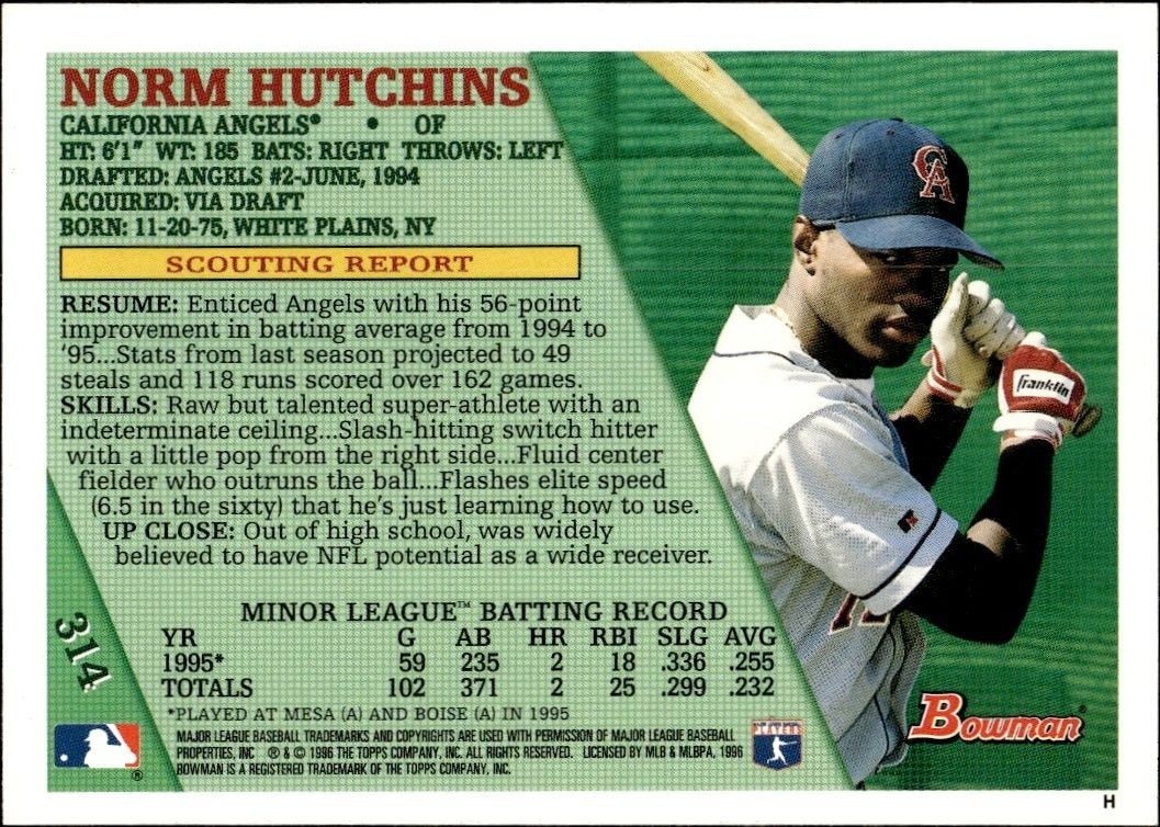 1996 Bowman Norm Hutchins #314 baseball trading card back
