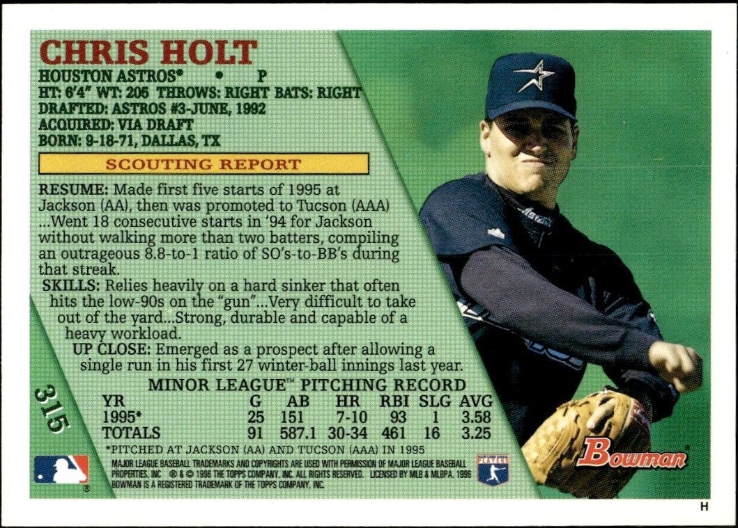 1996 Bowman Chris Holt #315 baseball trading card back