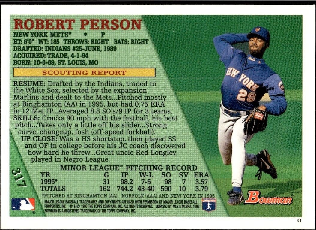 1996 Bowman Robert Person #317 baseball trading card back