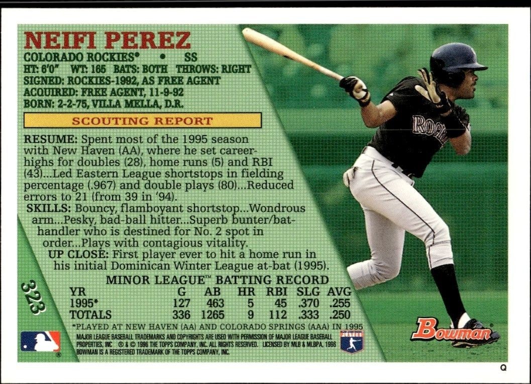 1996 Bowman Neifi Perez #323 baseball trading card back