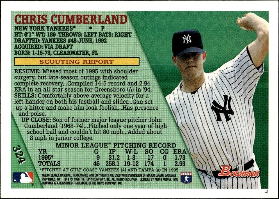 1996 Bowman Chris Cumberland #324 baseball trading card back