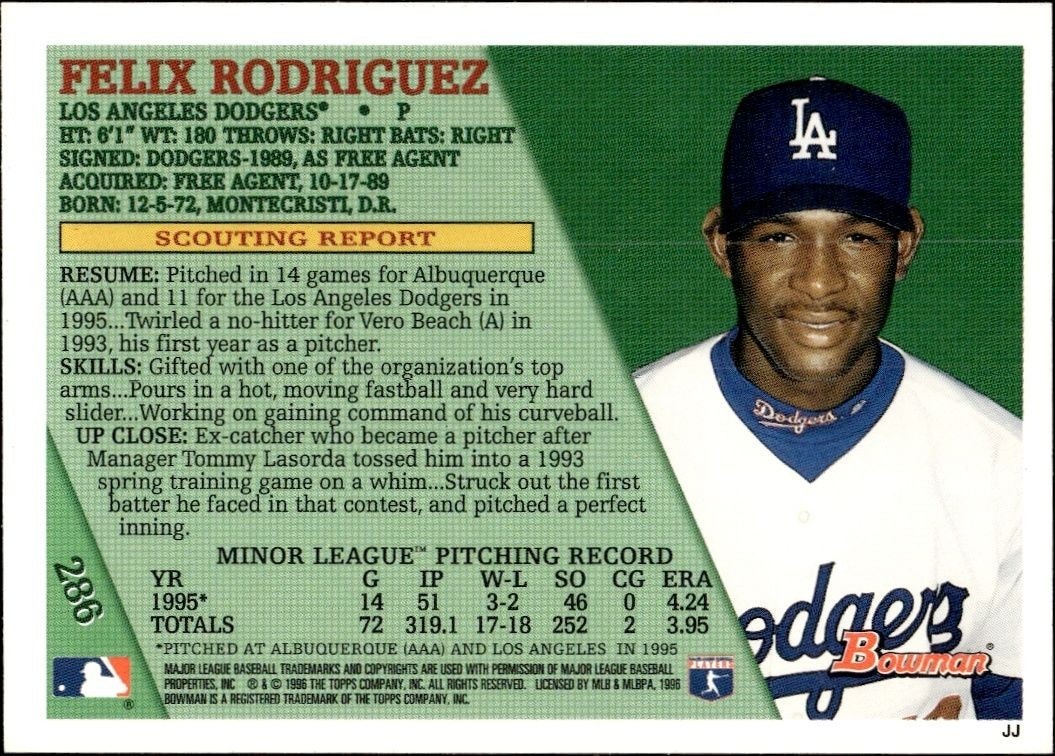 1996 Bowman Felix Rodriguez #286 baseball trading card back