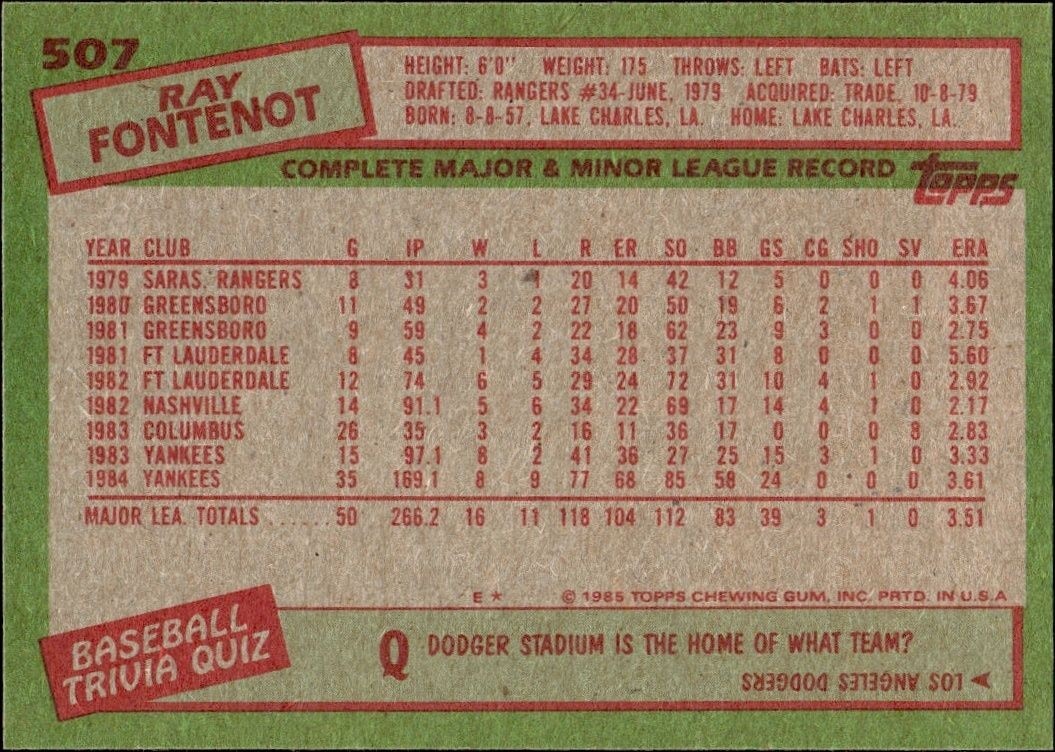 1985 Topps Ray Fontenot #507 baseball trading card back