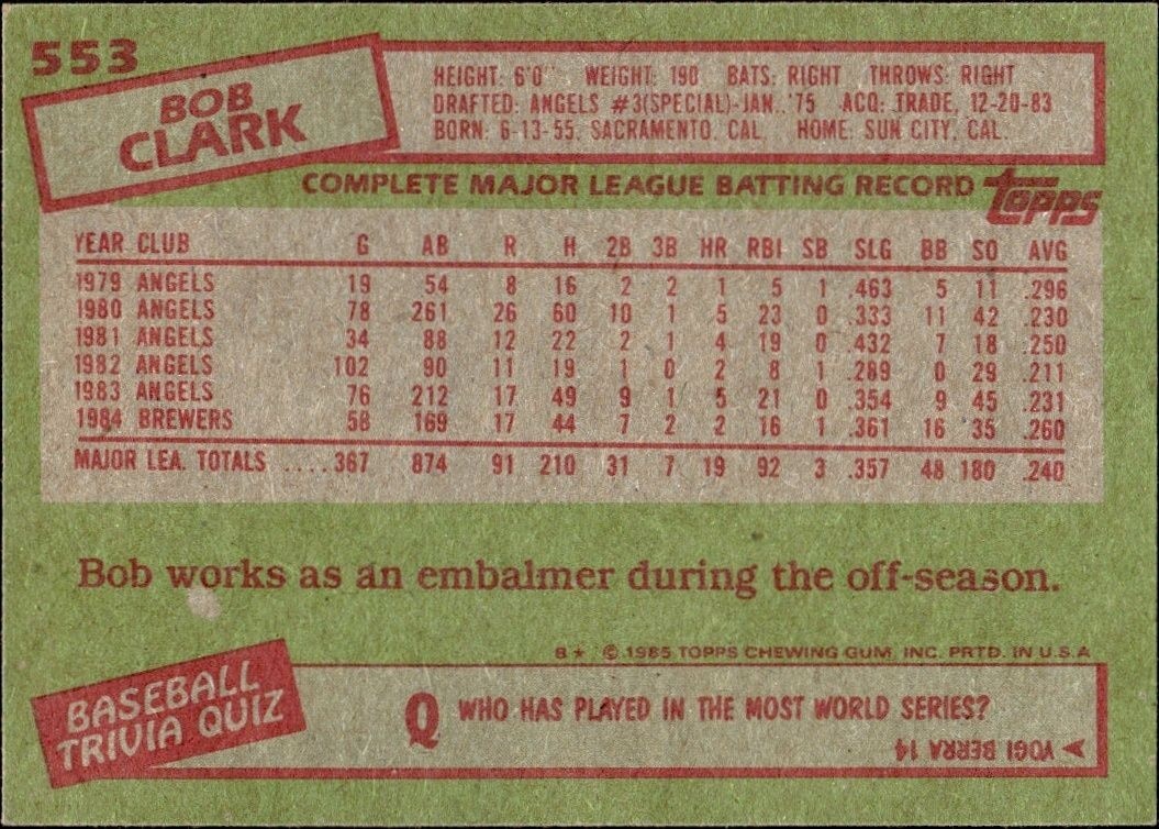 1985 Topps Bob Clark #553 baseball trading card back