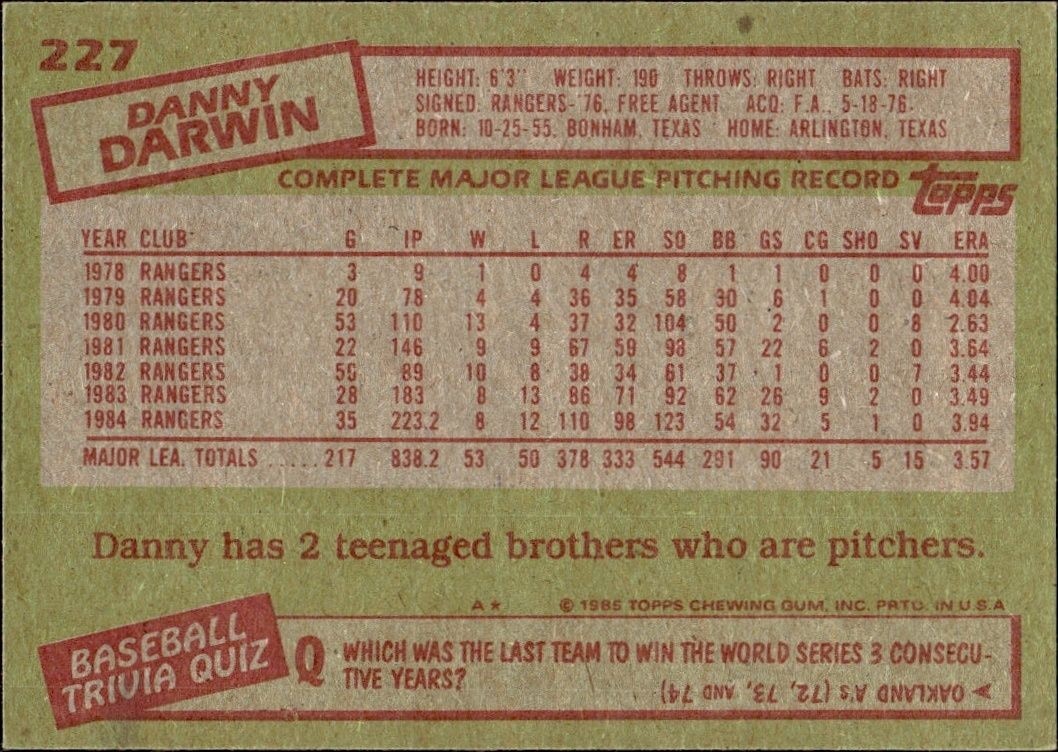 1985 Topps Danny Darwin #227 baseball trading card back
