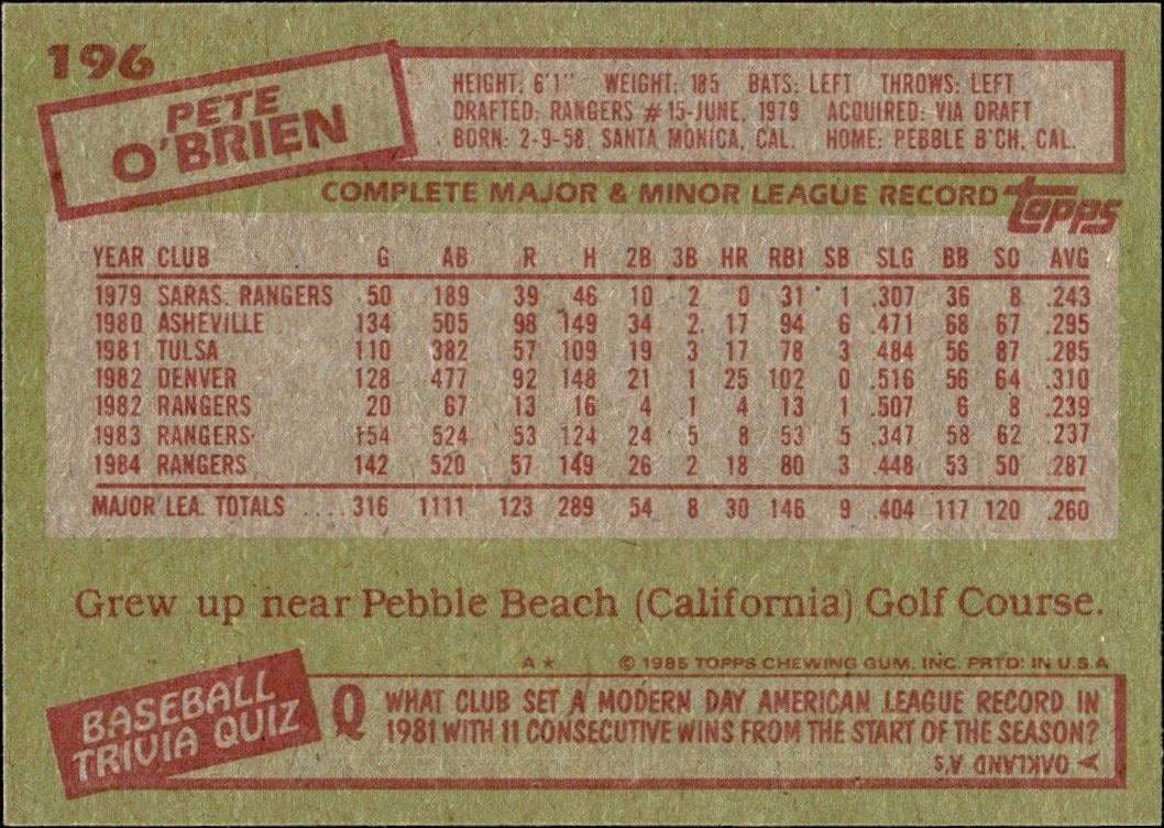 1985 Topps Pete O'Brien #196 baseball trading card back