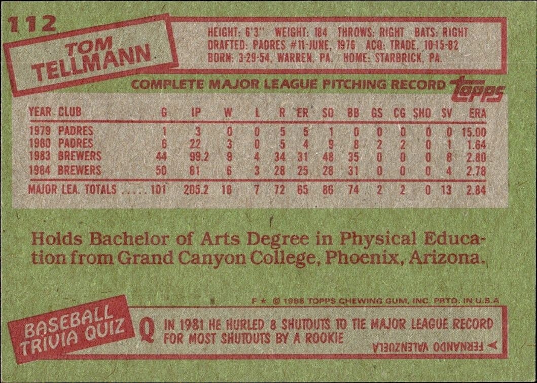 1985 Topps Tom Tellmann #112 baseball trading card back