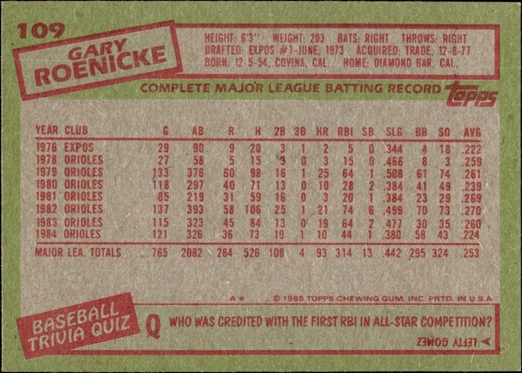 1985 Topps Gary Roenicke #109 baseball trading card back