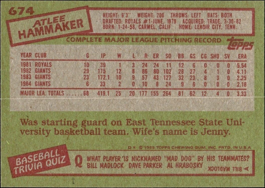 1985 Topps Atlee Hammaker #674 baseball trading card back