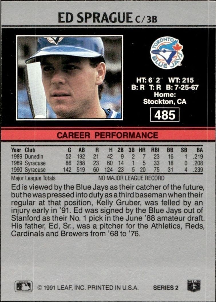 1991 Leaf Series 2 Ed Sprague #485 baseball trading card back