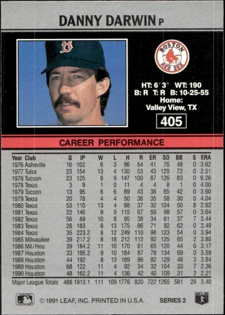1991 Leaf Series 2 Danny Darwin #405 baseball trading card back