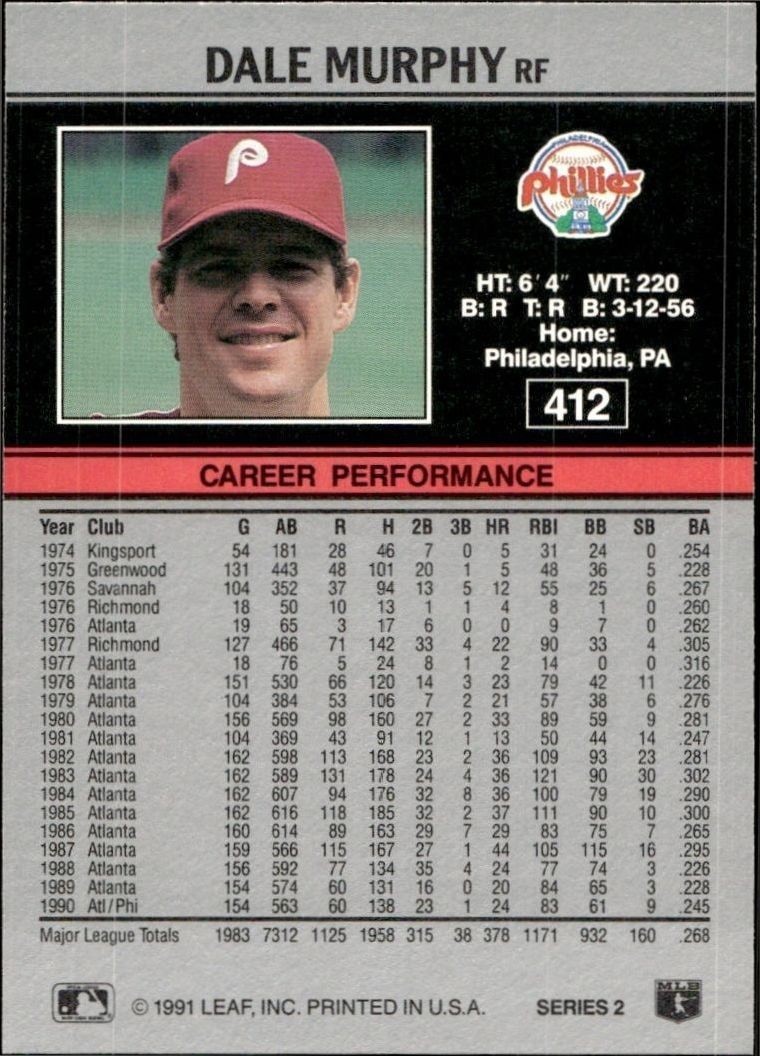1991 Leaf Series 2 Dale Murphy #412 baseball trading card back