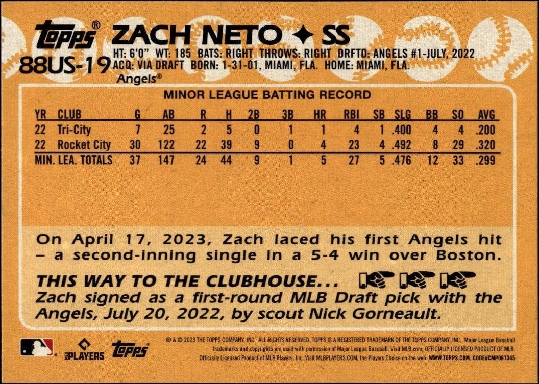 2023 Topps Zach Neto #88US-19 baseball trading card back