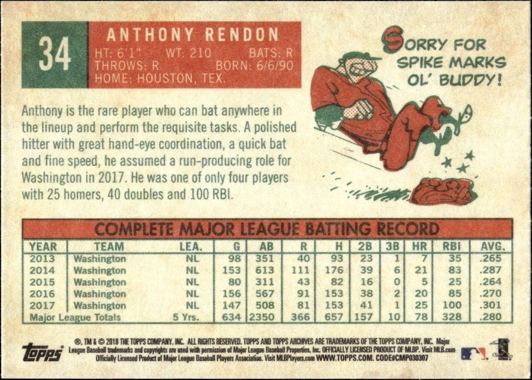 2018 Topps Archives Anthony Rendon #34 baseball trading card back