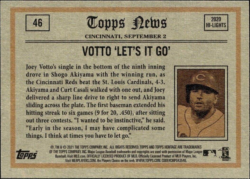 2021 Topps Heritage Joey Votto #46 baseball trading card back