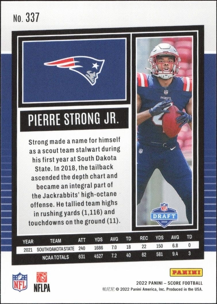 2022 Panini Score Pierre Strong Jr. #337 football trading card back