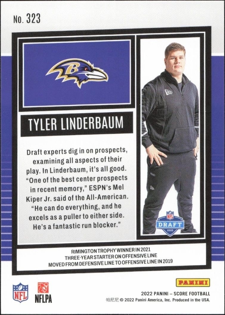 2022 Panini Score Tyler Linderbaum #323 football trading card back