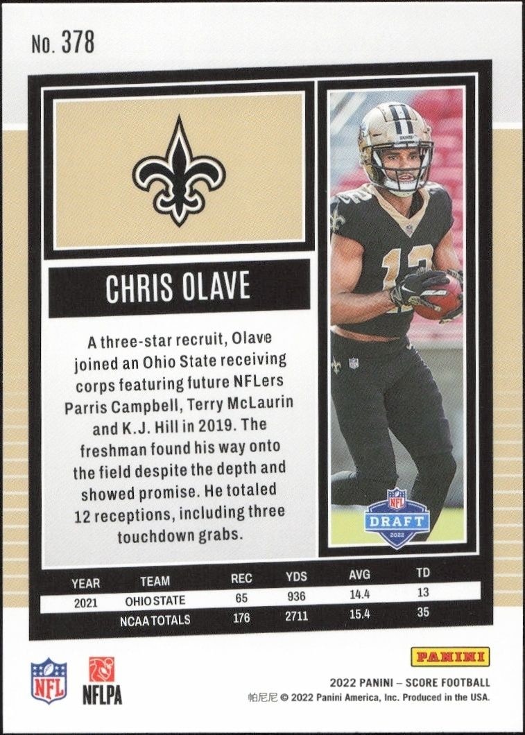 2022 Panini Score Chris Olave #378 football trading card back