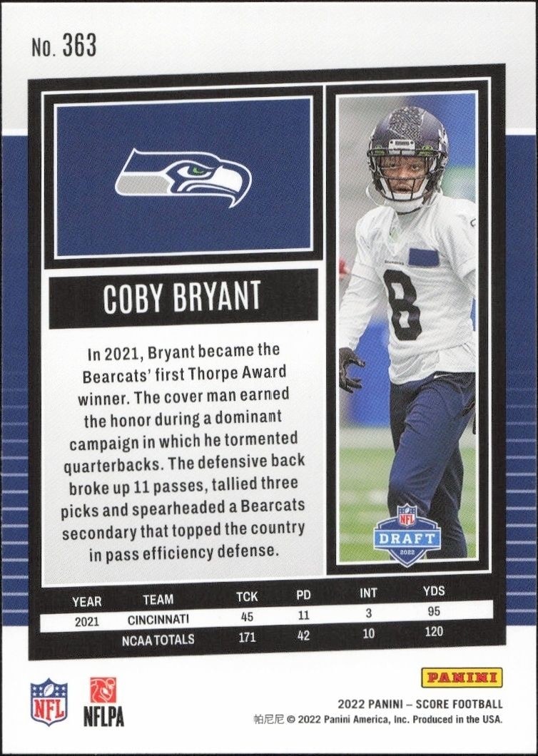 2022 Panini Score Coby Bryant #363 football trading card back