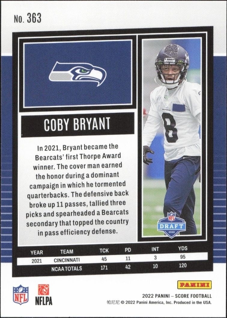 2022 Panini Score Coby Bryant #363 football trading card back