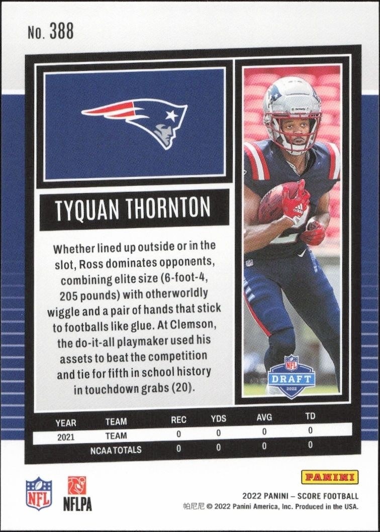 2022 Panini Score Tyquan Thornton #388 football trading card back