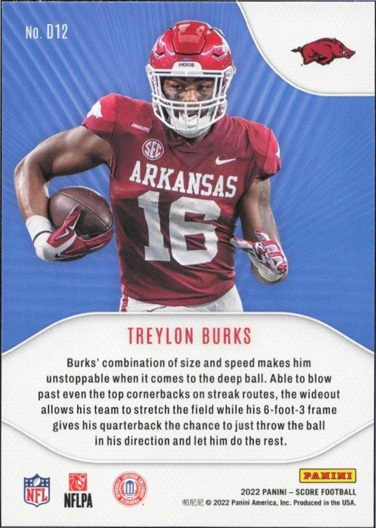 2022 Panini Score Treylon Burks #D12 football trading card back