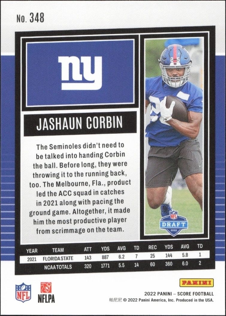 2022 Panini Score Jashaun Corbin #348 football trading card back