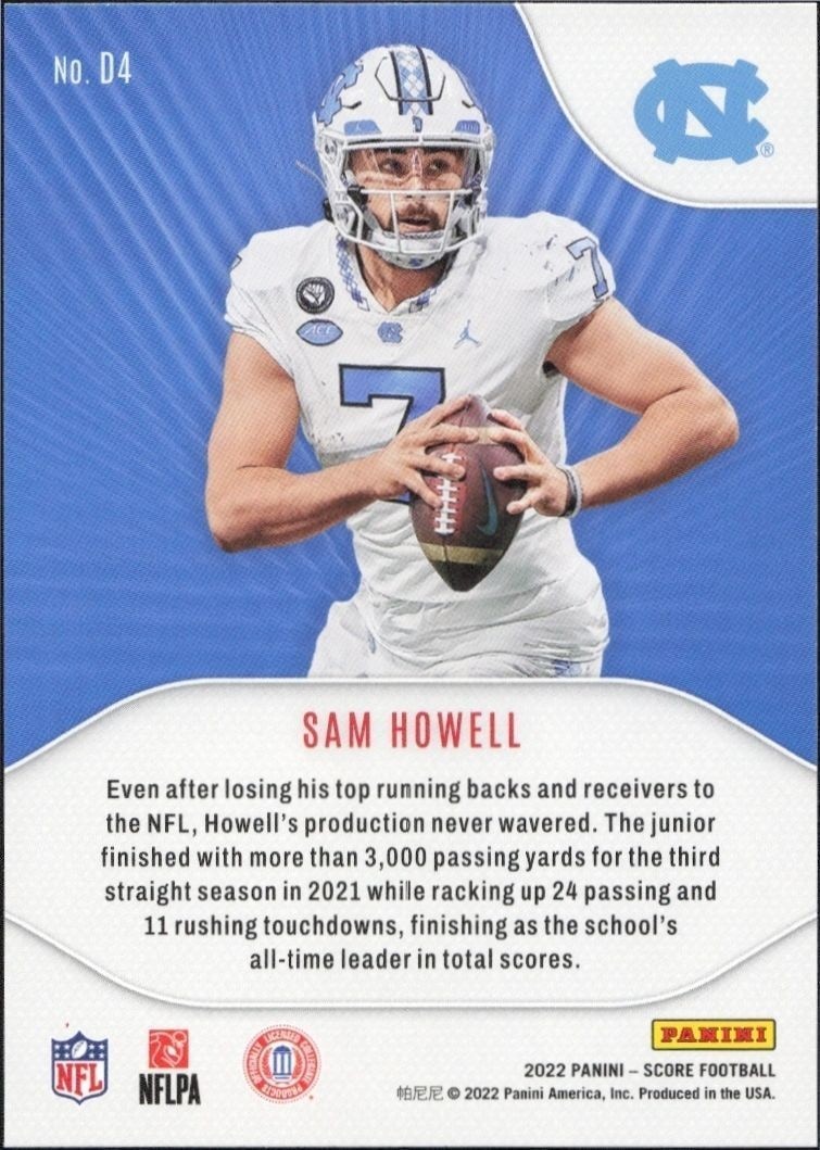 2022 Panini Score Sam Howell #D4 football trading card back