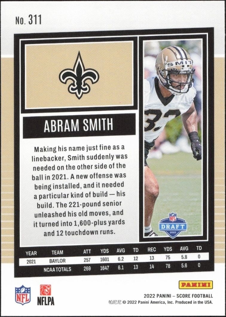 2022 Panini Score Abram Smith #311 football trading card back