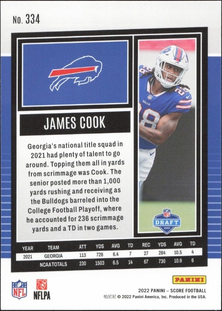 2022 Panini Score James Cook #334 football trading card back