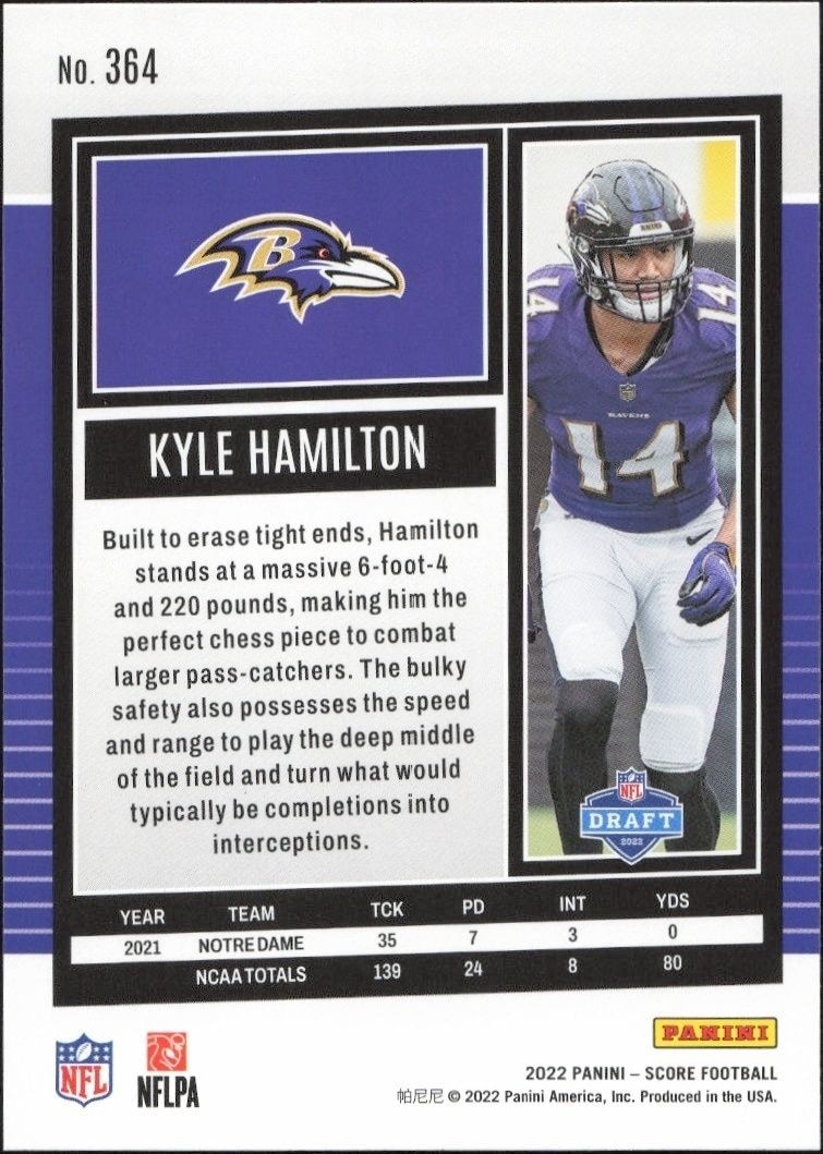 2022 Panini Score Kyle Hamilton #364 football trading card back