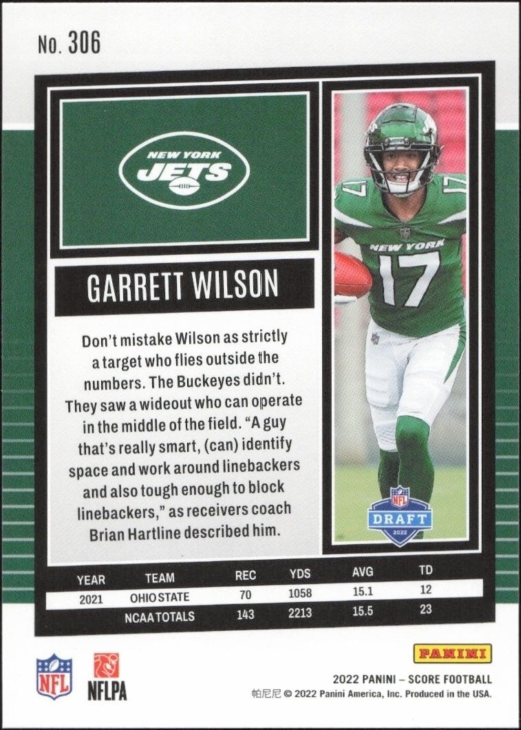 2022 Panini Score Garrett Wilson #306 football trading card back