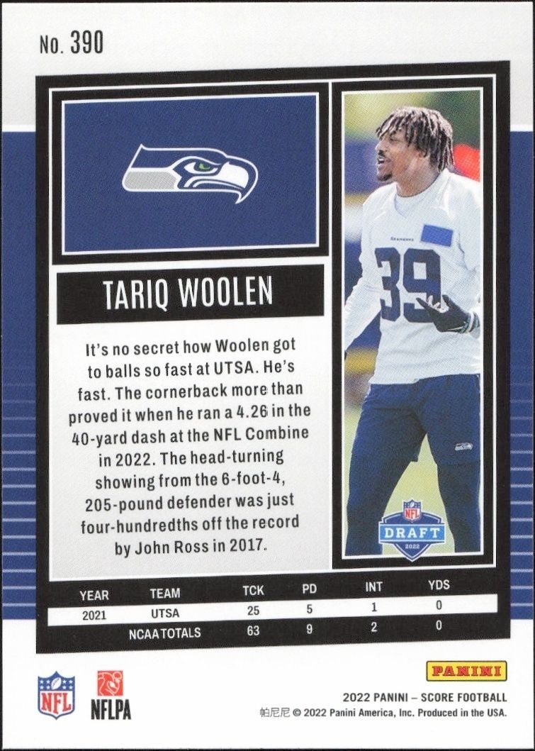 2022 Panini Score Tariq Woolen #390 football trading card back