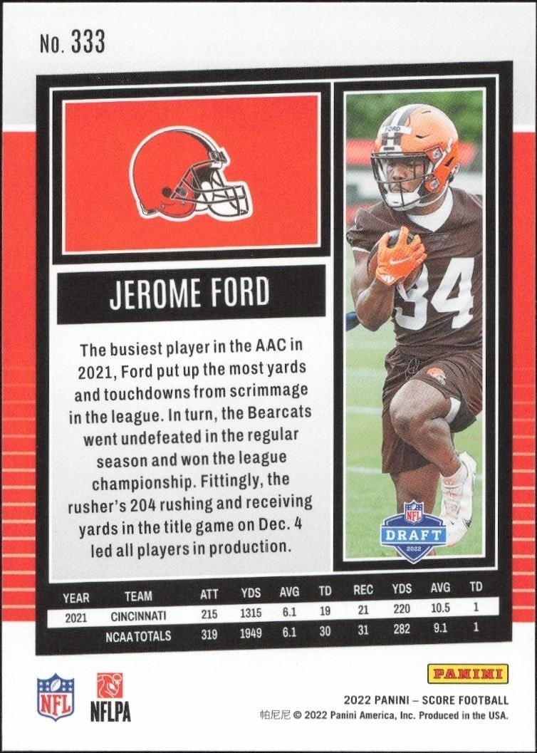 2022 Panini Score Jerome Ford #333 football trading card back