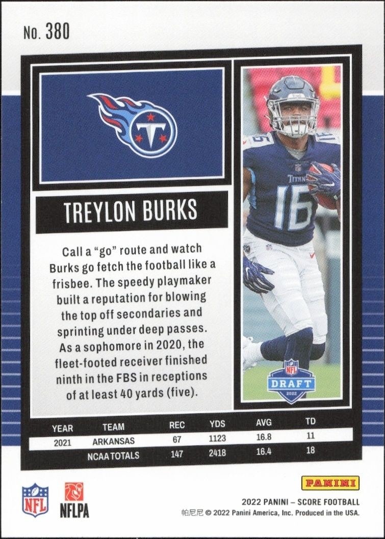 2022 Panini Score Treylon Burks #380 football trading card back