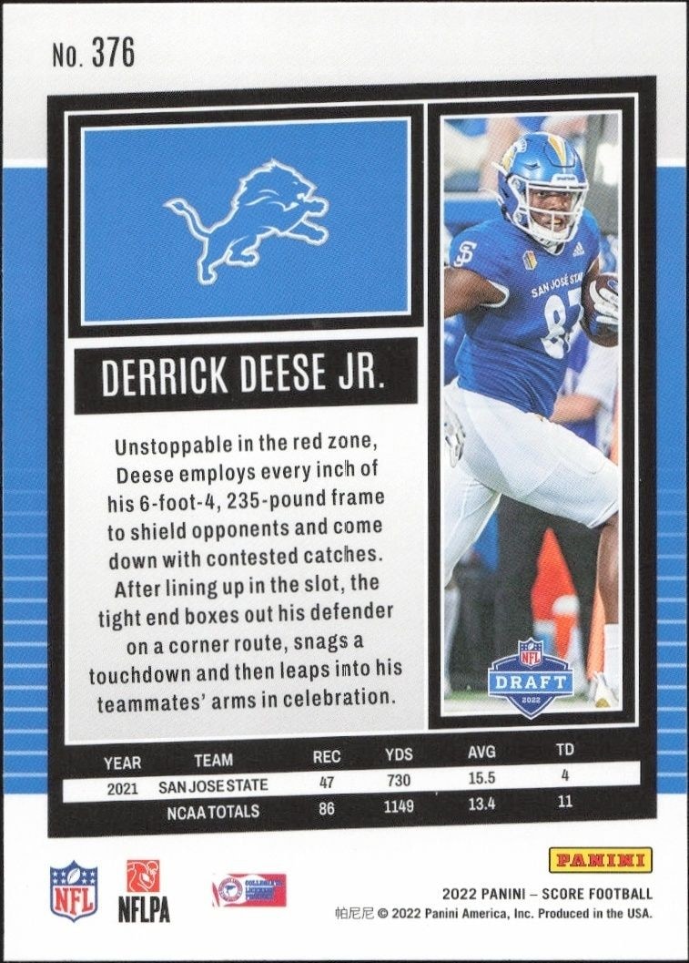 2022 Panini Score Derrick Deese Jr. #376 football trading card back
