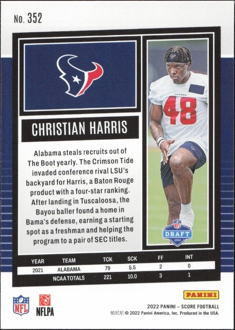 2022 Panini Score Christian Harris #352 football trading card back