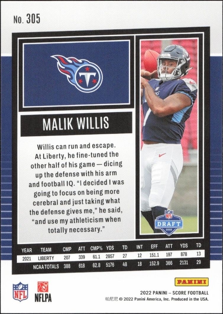 2022 Panini Score Malik Willis #305 football trading card back