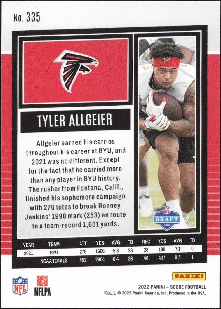 2022 Panini Score Tyler Allgeier #335 football trading card back
