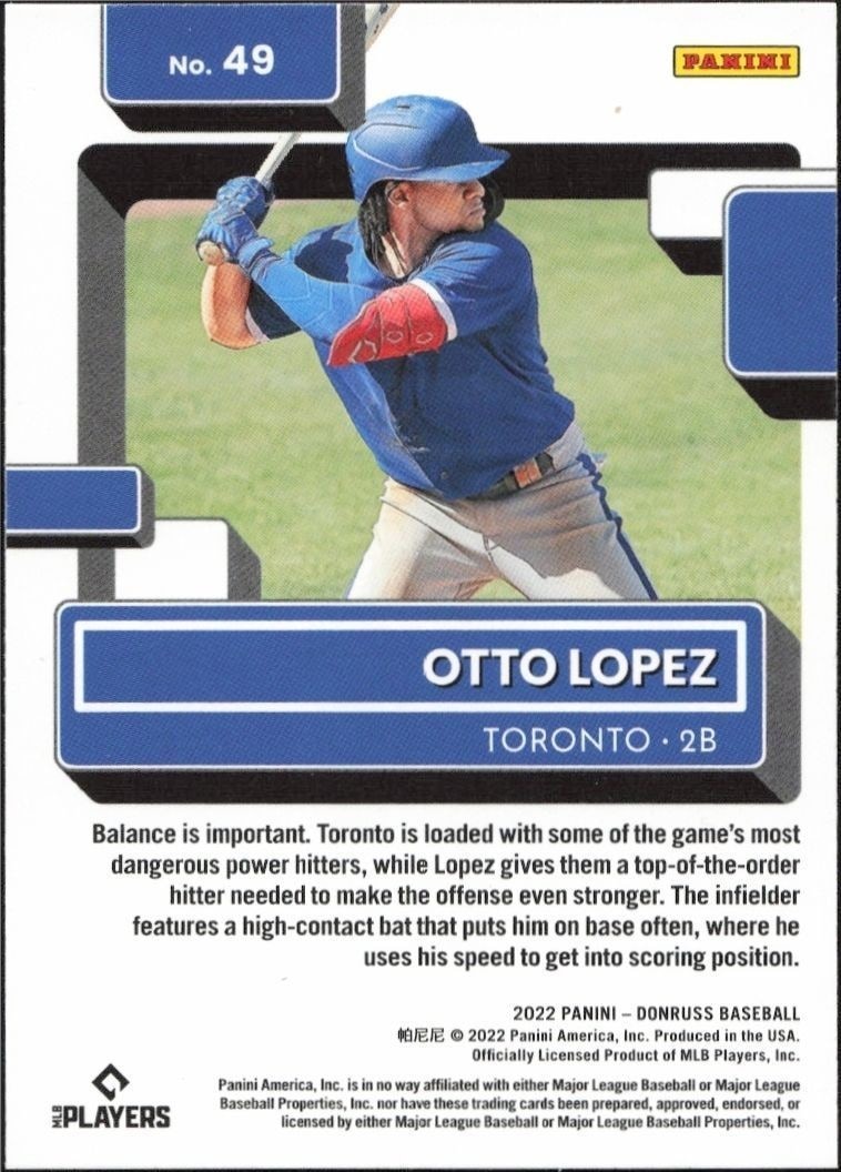 2022 Panini Donruss Otto Lopez #49 baseball trading card back
