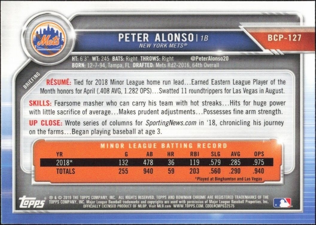 2019 Bowman Peter Alonso #BCP-127 baseball trading card back