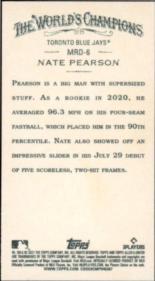 2021 Topps Allen & Ginter Nate Pearson #MRD-6 baseball trading card back