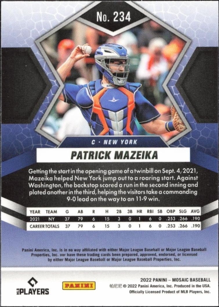 2022 Panini Mosaic Patrick Mozeika #234 baseball trading card back